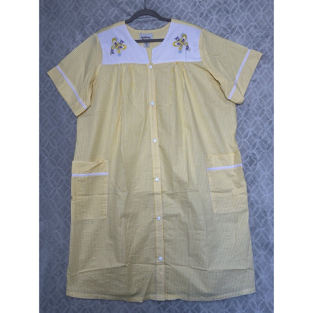 Vtg Mumu House Dress XL Yellow Seersucker Embroidered Lounge Grannycore Cottage